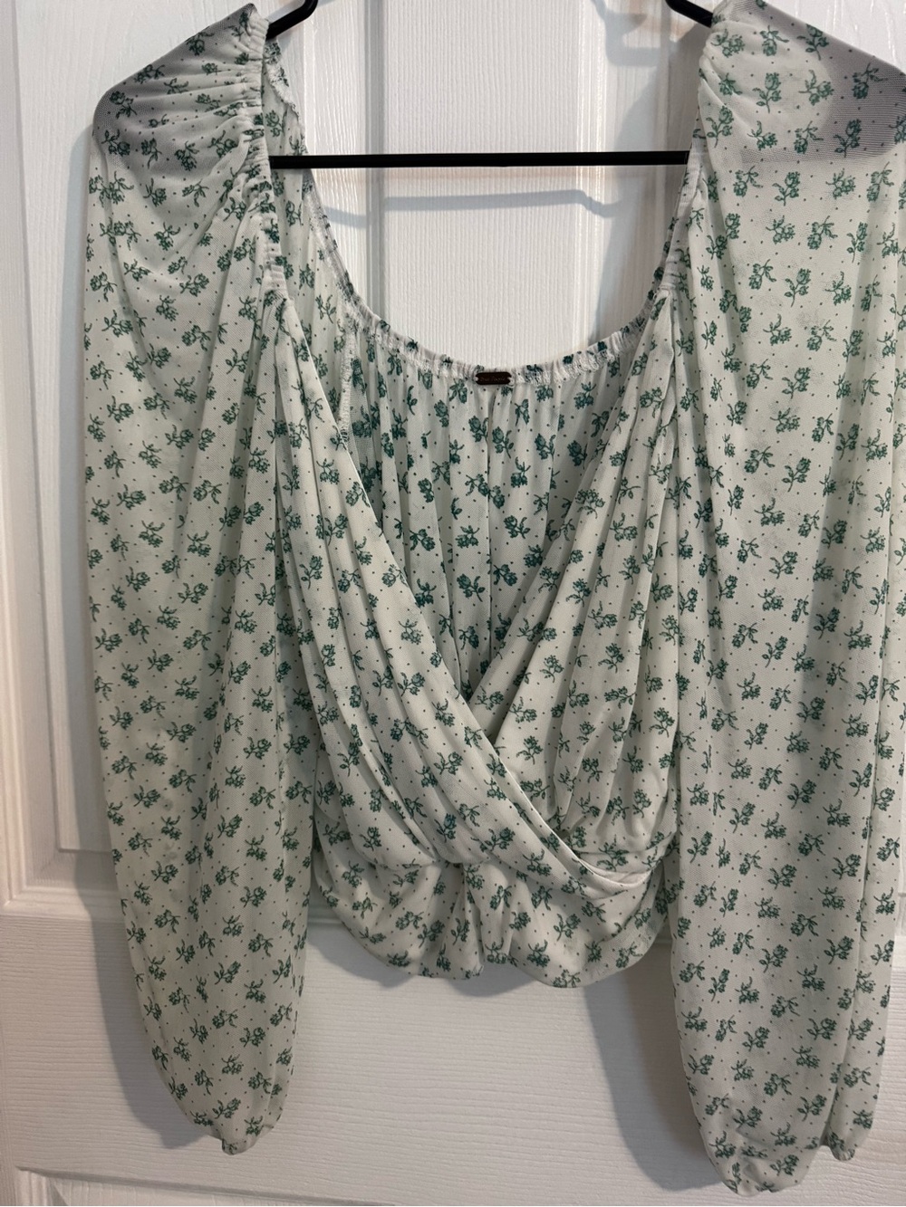 Free People Cream Wrap Blouse with Green Floral Print
